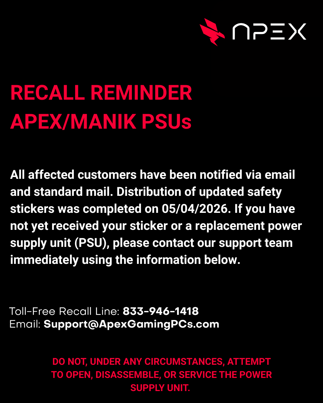 Apex / Manik Power Supply Recall Reminder